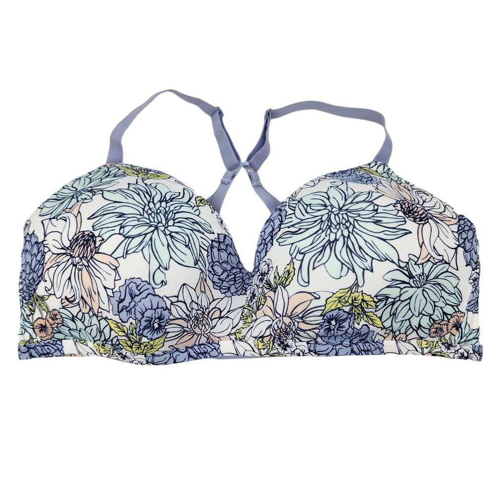 Kindly Blue Purple Floral Print Back Clasp Closure Wireless Tshirt Bra Size 38D